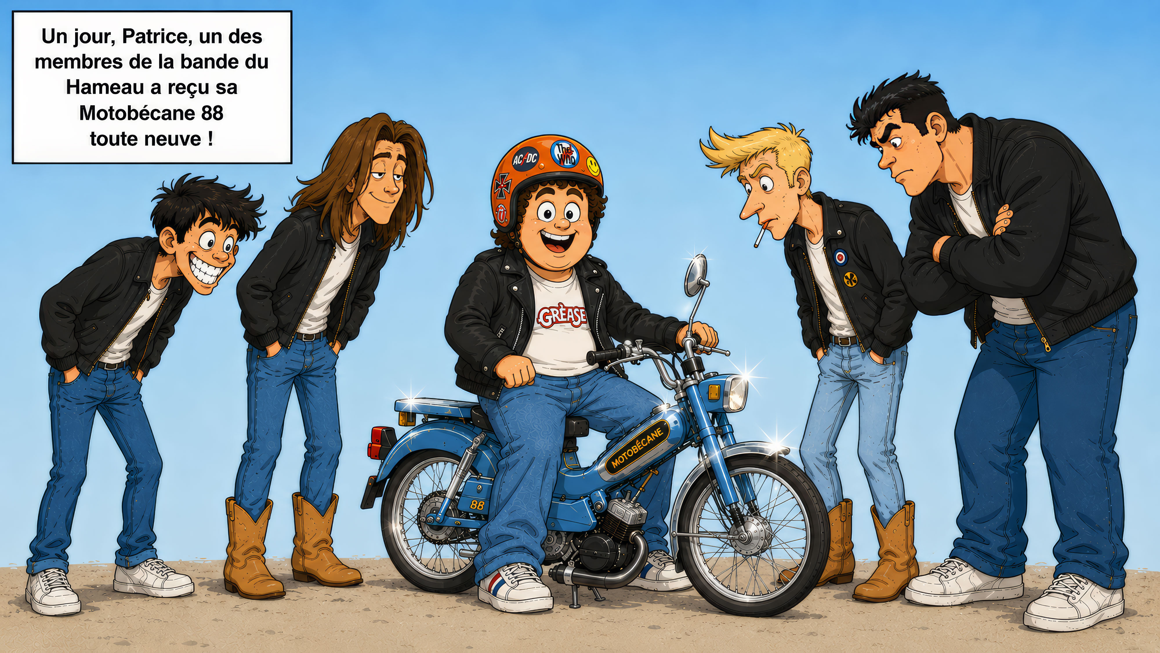 Patrice recoit sa Motobecane 88 toute neuve devant la bande du Hameau